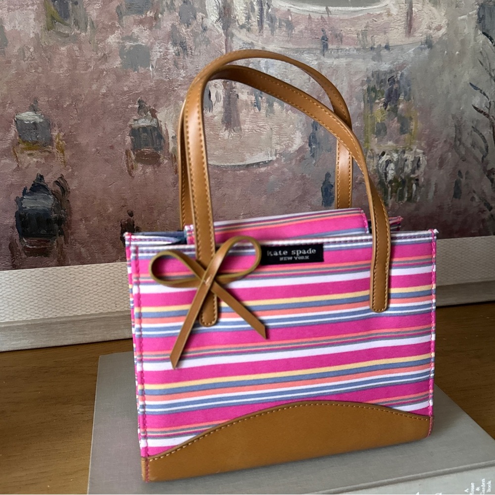 Kate Spade Late 90s Pink Striped Tote with Tan Leather Trim - HTF - Picture 2 of 6